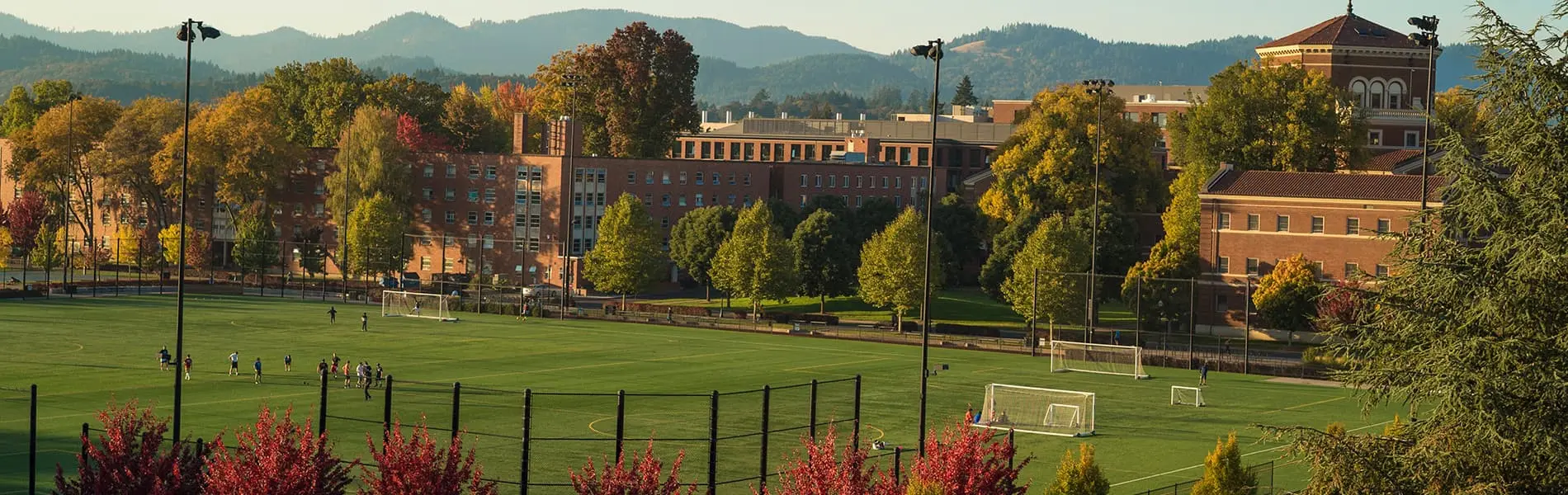 The soccer fields of Student Legacy Park with buildings on OSU's Corvallis campus behind, with mountains in the distance.