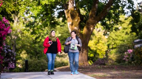 Women walking at university